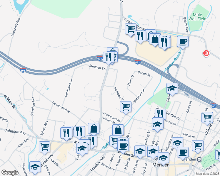 map of restaurants, bars, coffee shops, grocery stores, and more near 180 Andrews Street in Meriden