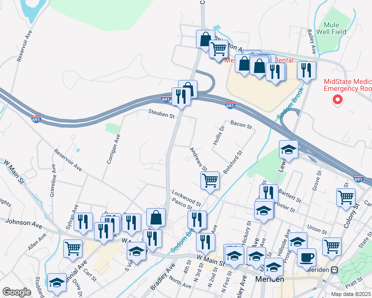map of restaurants, bars, coffee shops, grocery stores, and more near 174 Andrews Street in Meriden