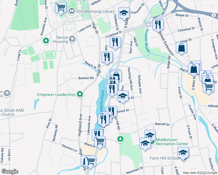 map of restaurants, bars, coffee shops, grocery stores, and more near 342 South Main Street in Middletown