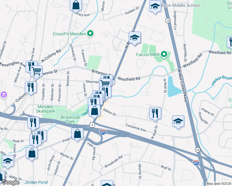 map of restaurants, bars, coffee shops, grocery stores, and more near 44 Twiss Avenue in Meriden