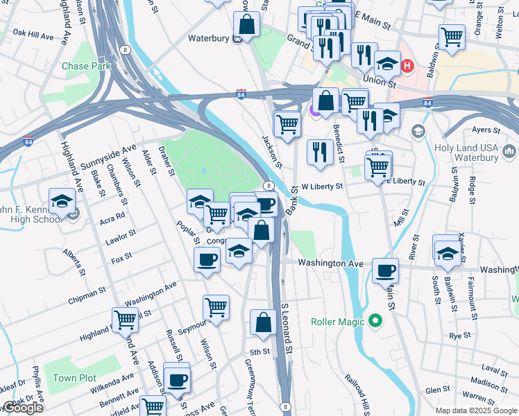 map of restaurants, bars, coffee shops, grocery stores, and more near 10 Green Street in Waterbury