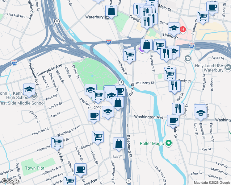 map of restaurants, bars, coffee shops, grocery stores, and more near 10 Green Street in Waterbury