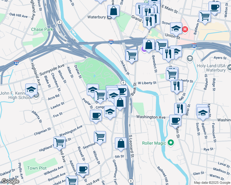 map of restaurants, bars, coffee shops, grocery stores, and more near 10 Green Street in Waterbury