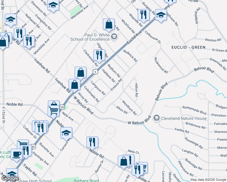 map of restaurants, bars, coffee shops, grocery stores, and more near 16916 Endora Road in Cleveland