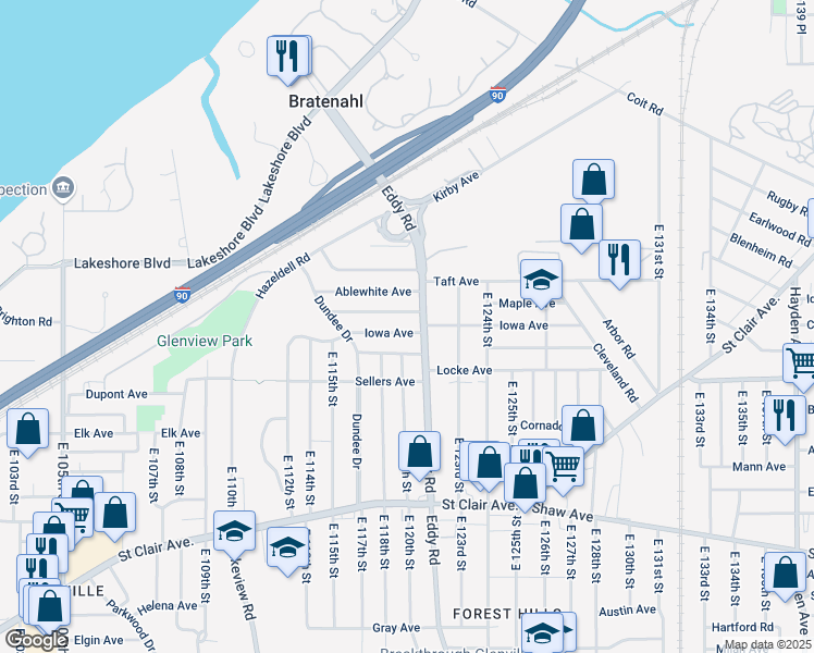 map of restaurants, bars, coffee shops, grocery stores, and more near 382 Eddy Road in Cleveland