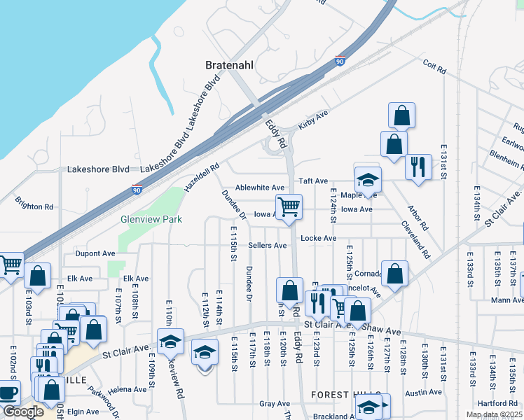 map of restaurants, bars, coffee shops, grocery stores, and more near 11809 Shadeland Avenue in Cleveland