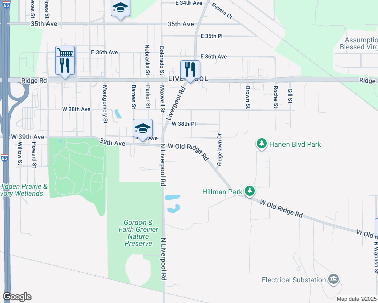 map of restaurants, bars, coffee shops, grocery stores, and more near 3006 West Old Ridge Road in Gary