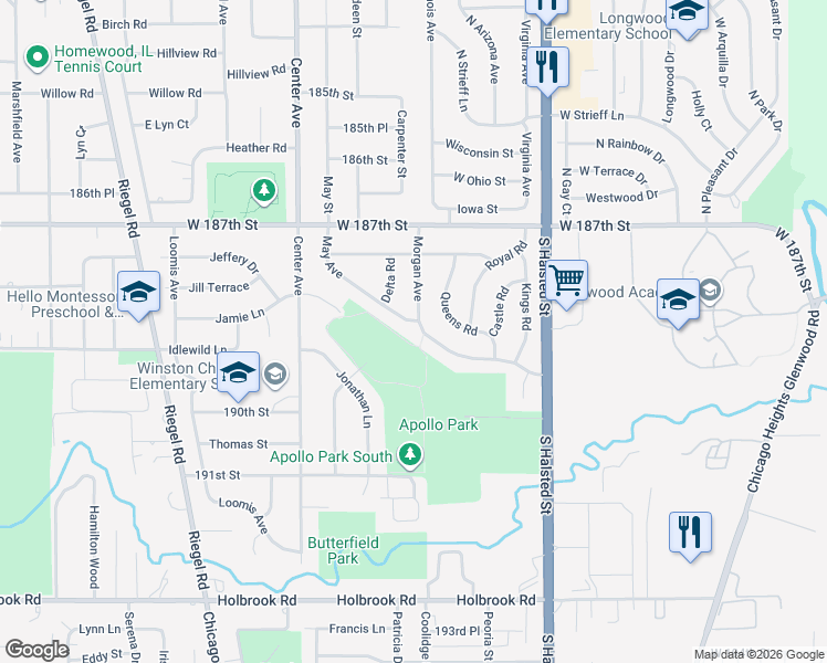 map of restaurants, bars, coffee shops, grocery stores, and more near 18835 Morgan Avenue in Homewood