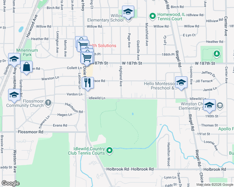 map of restaurants, bars, coffee shops, grocery stores, and more near 18815 Highland Avenue in Homewood