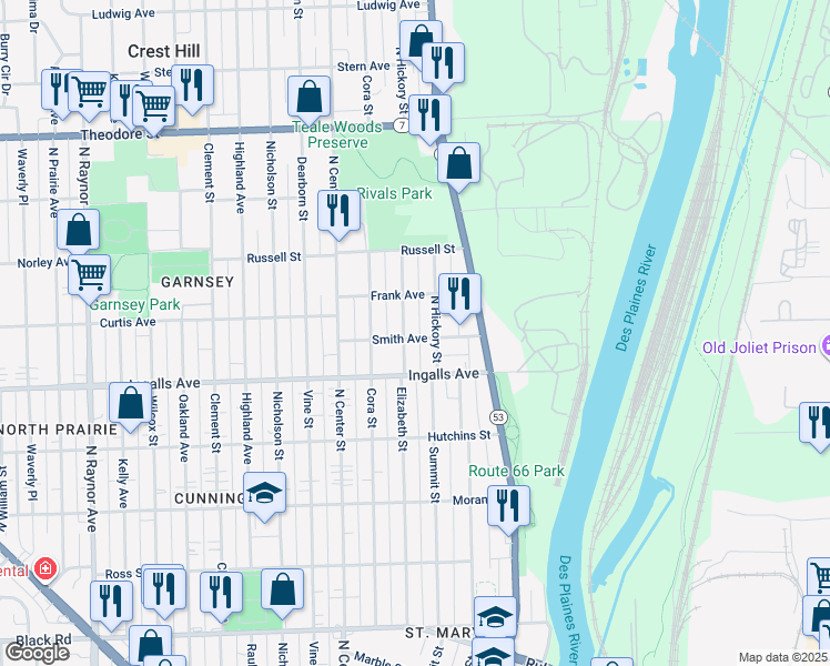 map of restaurants, bars, coffee shops, grocery stores, and more near 1256 Elizabeth Street in Joliet