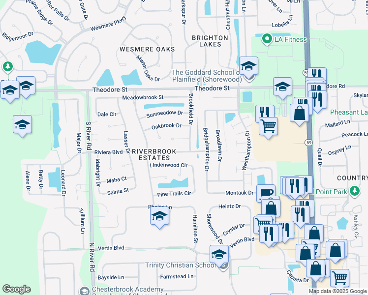 map of restaurants, bars, coffee shops, grocery stores, and more near 5209 Riviera Boulevard in Plainfield