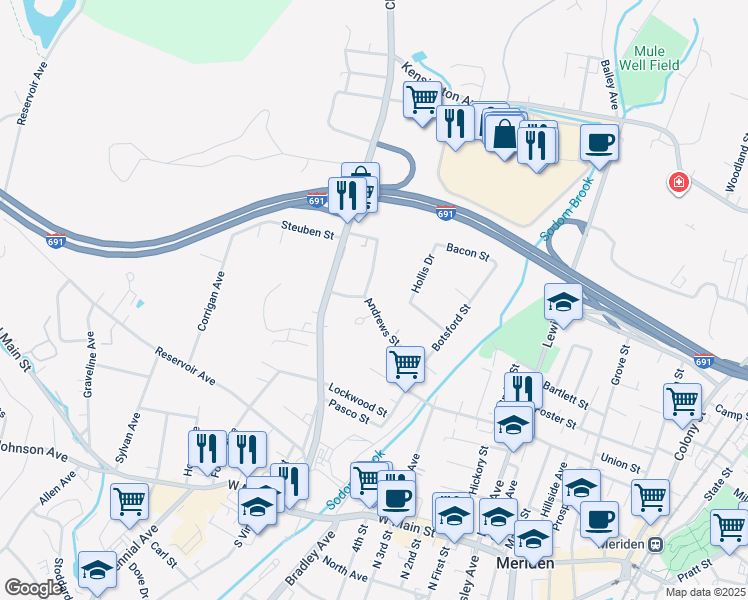 map of restaurants, bars, coffee shops, grocery stores, and more near 157 Andrews Street in Meriden
