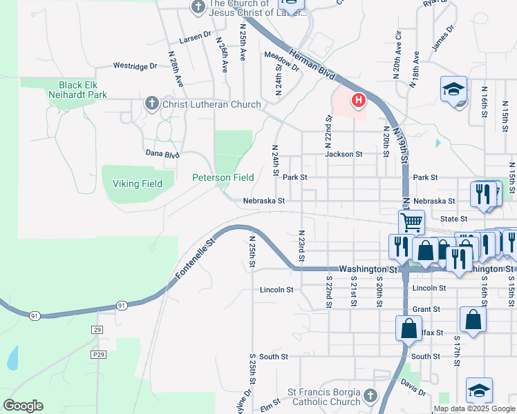 map of restaurants, bars, coffee shops, grocery stores, and more near 2467 Nebraska Street in Blair