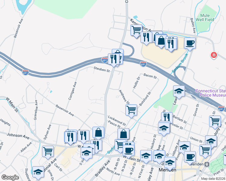 map of restaurants, bars, coffee shops, grocery stores, and more near 188 Andrews Street in Meriden