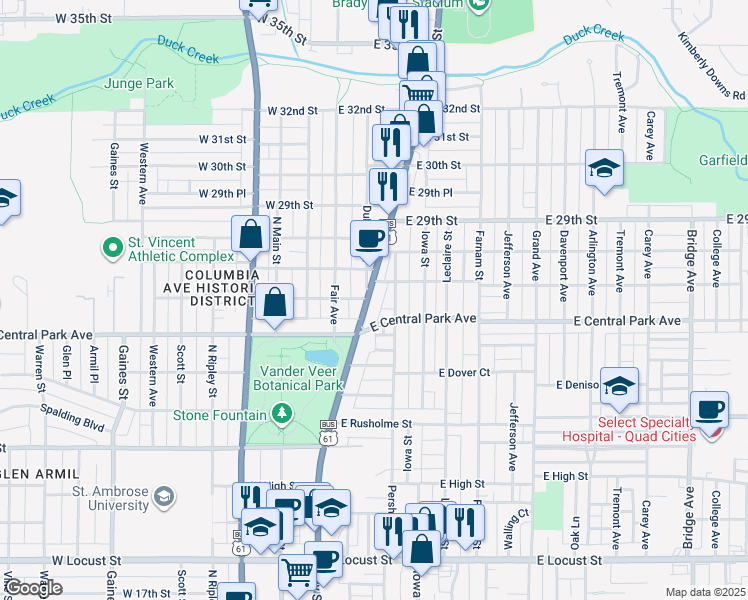 map of restaurants, bars, coffee shops, grocery stores, and more near 2627 Brady Street in Davenport