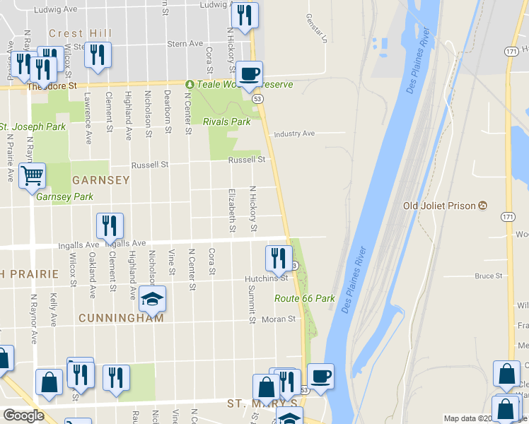 map of restaurants, bars, coffee shops, grocery stores, and more near 215 Smith Avenue in Joliet