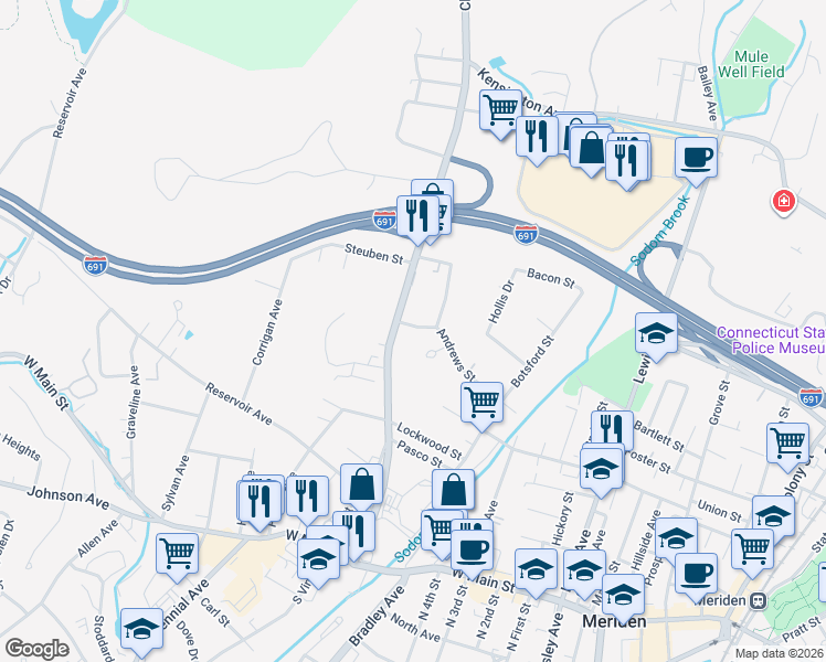 map of restaurants, bars, coffee shops, grocery stores, and more near 190 Andrews Street in Meriden