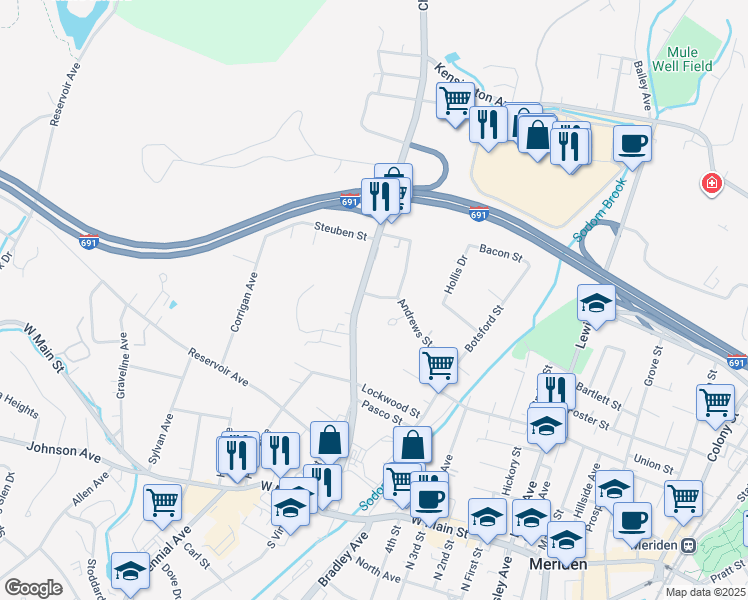 map of restaurants, bars, coffee shops, grocery stores, and more near 192 Andrews Street in Meriden