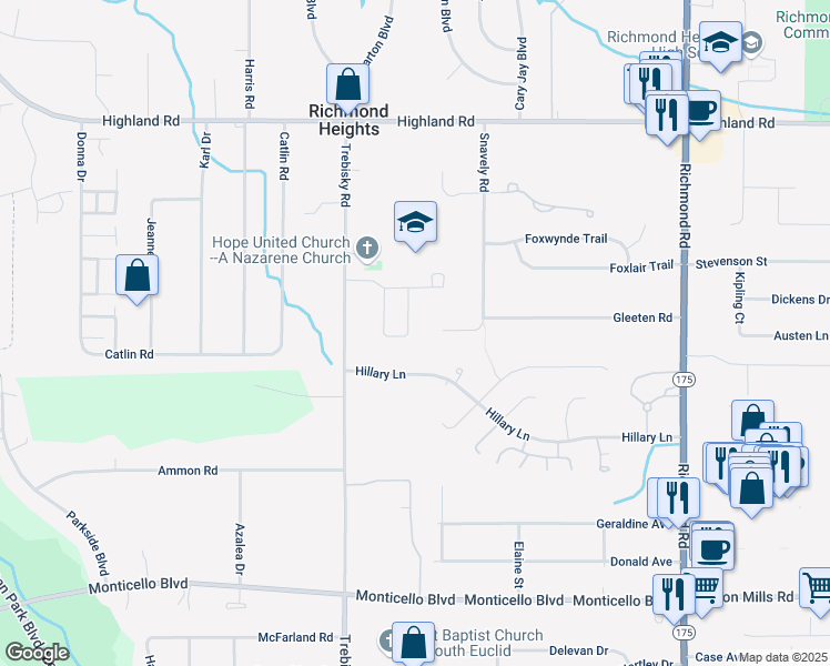 map of restaurants, bars, coffee shops, grocery stores, and more near 4765 Rachel Lane in Richmond Heights