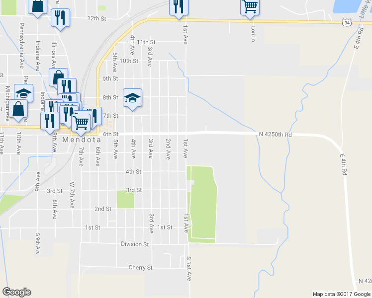 map of restaurants, bars, coffee shops, grocery stores, and more near 604 1st Avenue in Mendota