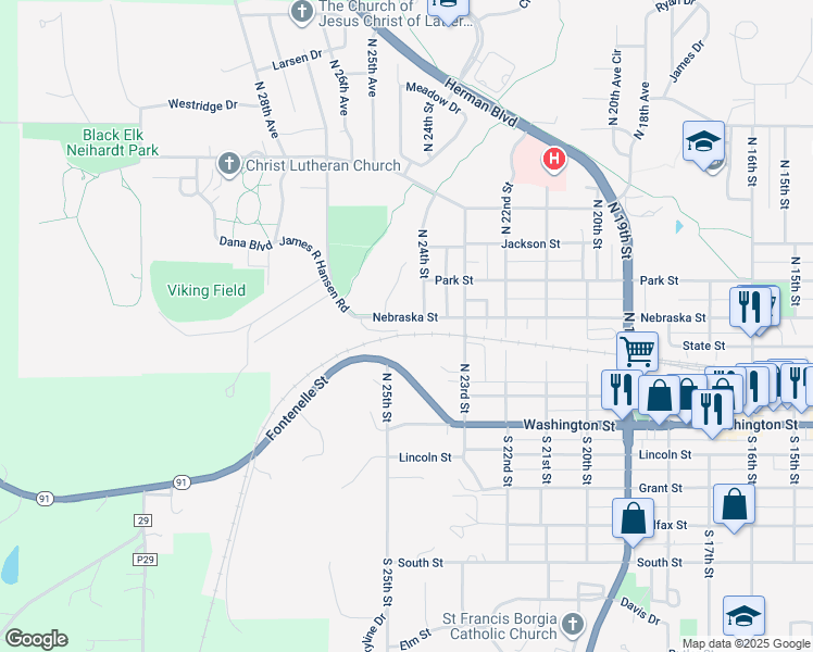 map of restaurants, bars, coffee shops, grocery stores, and more near 2447 Nebraska Street in Blair