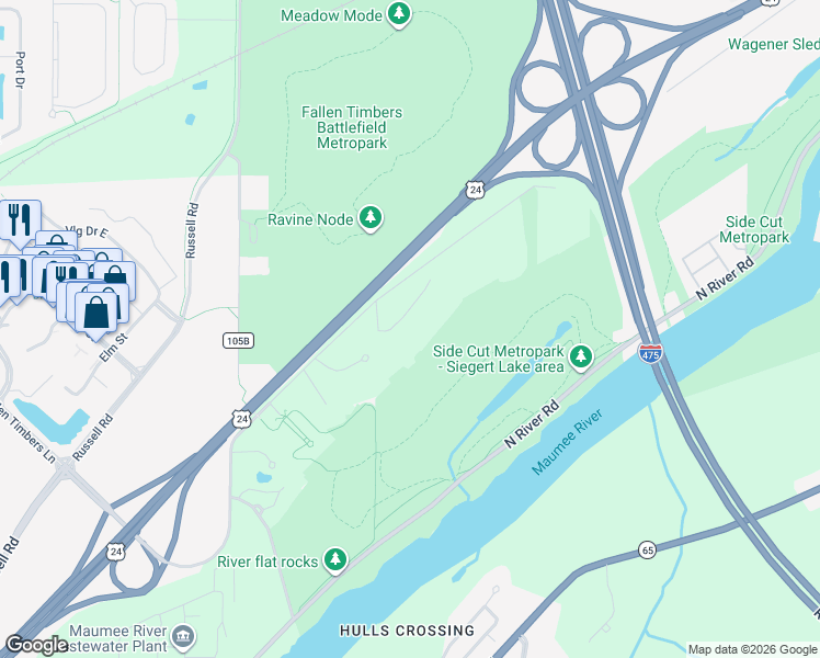 map of restaurants, bars, coffee shops, grocery stores, and more near 6355 Fallen Timbers Lane in Maumee