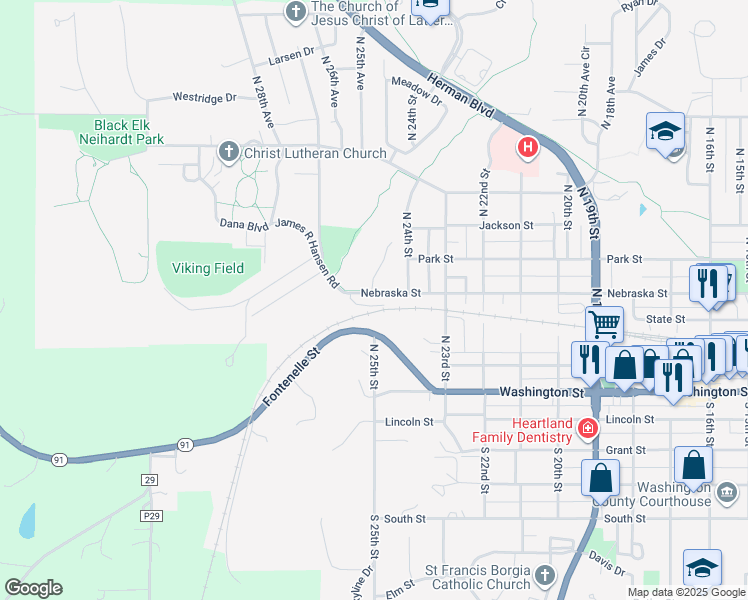 map of restaurants, bars, coffee shops, grocery stores, and more near 2509 Nebraska Street in Blair