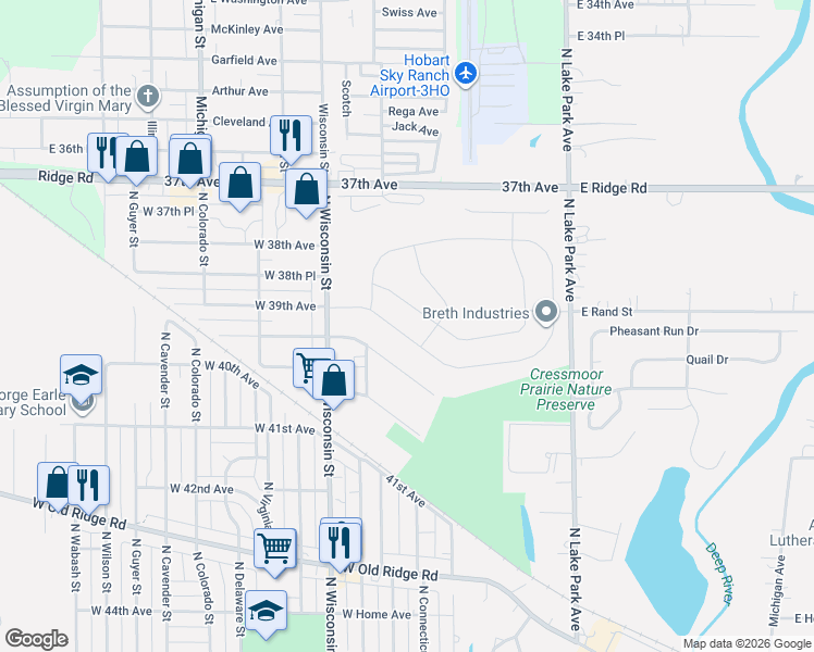 map of restaurants, bars, coffee shops, grocery stores, and more near 629 West 39th Place in Hobart