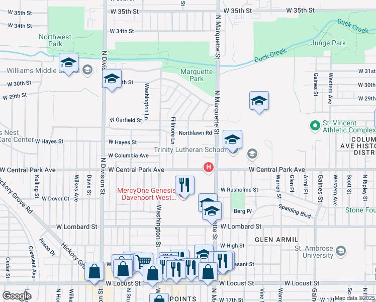 map of restaurants, bars, coffee shops, grocery stores, and more near 2650 Fillmore Lane in Davenport
