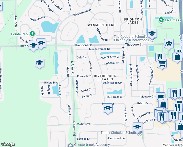 map of restaurants, bars, coffee shops, grocery stores, and more near 1404 Lasser Drive in Plainfield