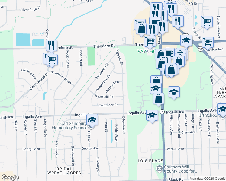 map of restaurants, bars, coffee shops, grocery stores, and more near 2018 Midhurst Court in Joliet