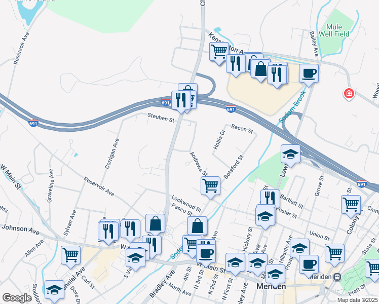 map of restaurants, bars, coffee shops, grocery stores, and more near 186 Andrews Street in Meriden