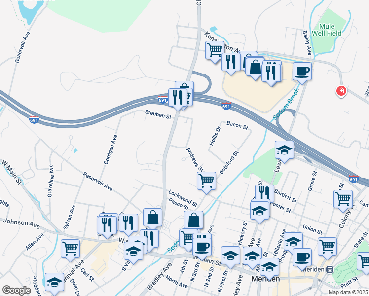 map of restaurants, bars, coffee shops, grocery stores, and more near 188 Andrews Street in Meriden
