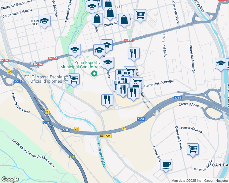 map of restaurants, bars, coffee shops, grocery stores, and more near 85 Avinguda de Can Jofresa in Terrassa