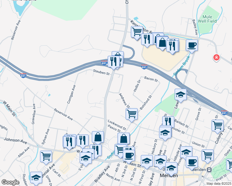 map of restaurants, bars, coffee shops, grocery stores, and more near 192 Andrews Street in Meriden