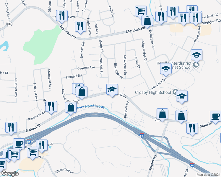map of restaurants, bars, coffee shops, grocery stores, and more near 197 Norris Street in Waterbury