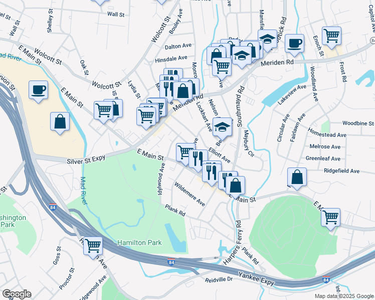 map of restaurants, bars, coffee shops, grocery stores, and more near 74 Edson Avenue in Waterbury