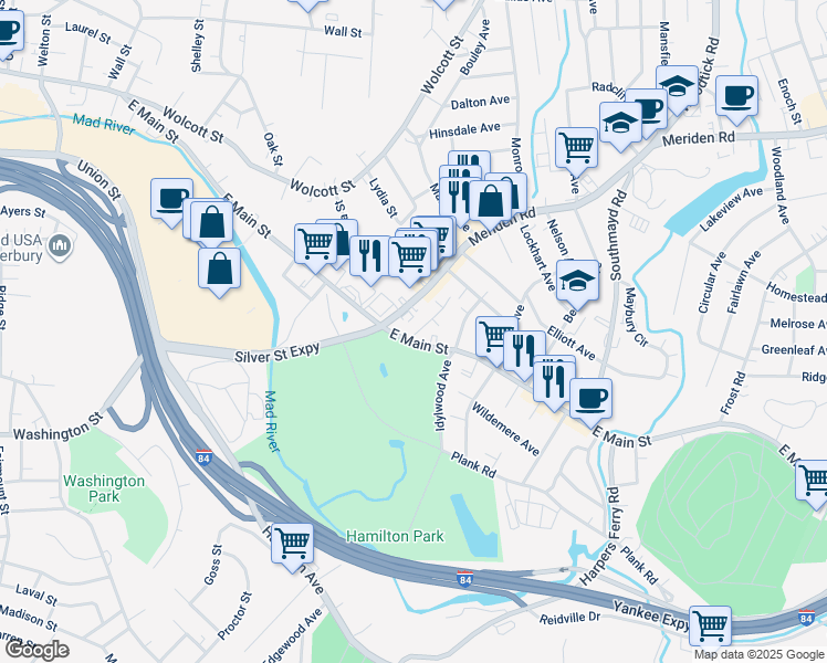 map of restaurants, bars, coffee shops, grocery stores, and more near 1485 East Main Street in Waterbury