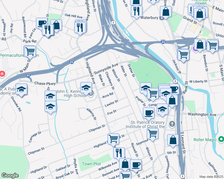 map of restaurants, bars, coffee shops, grocery stores, and more near 68 Chambers Street in Waterbury