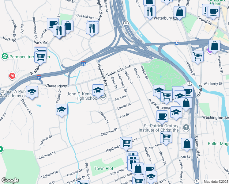 map of restaurants, bars, coffee shops, grocery stores, and more near 393 Highland Avenue in Waterbury
