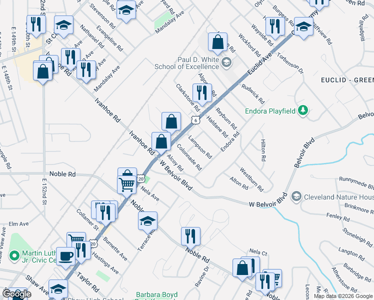 map of restaurants, bars, coffee shops, grocery stores, and more near 16625 Quentin Road in Cleveland
