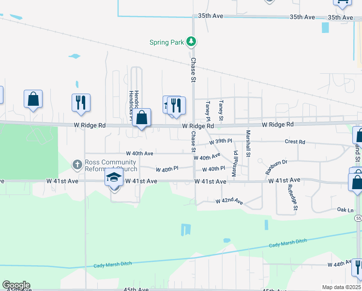 map of restaurants, bars, coffee shops, grocery stores, and more near 3216 West 40th Avenue in Gary