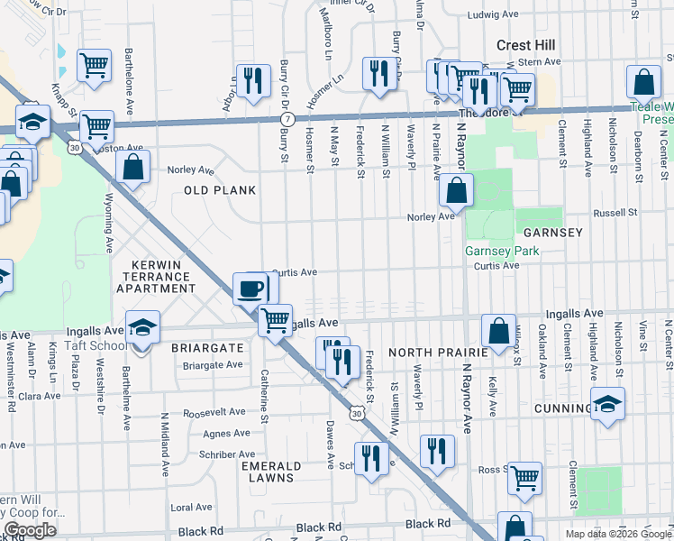 map of restaurants, bars, coffee shops, grocery stores, and more near 1001 Curtis Avenue in Joliet