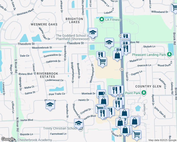 map of restaurants, bars, coffee shops, grocery stores, and more near 5117 Edgewater Court in Plainfield