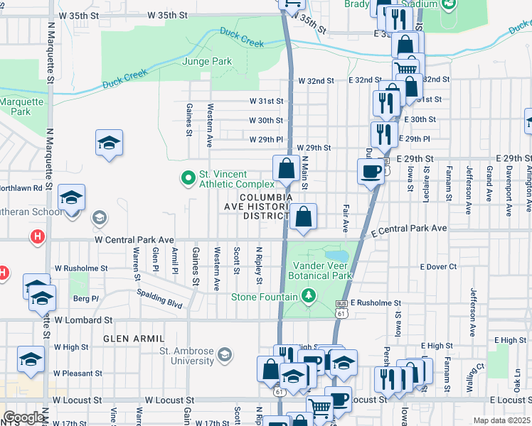 map of restaurants, bars, coffee shops, grocery stores, and more near 318 West Columbia Avenue in Davenport