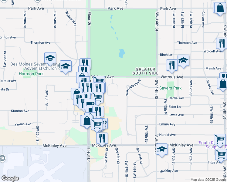 map of restaurants, bars, coffee shops, grocery stores, and more near 37 Wakonda Cir in Des Moines
