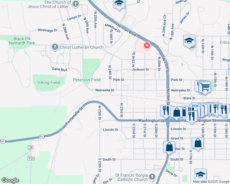 map of restaurants, bars, coffee shops, grocery stores, and more near 2346 Nebraska Street in Blair