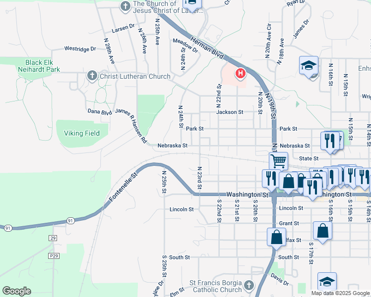 map of restaurants, bars, coffee shops, grocery stores, and more near 2346 Nebraska Street in Blair