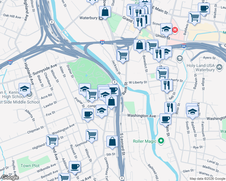 map of restaurants, bars, coffee shops, grocery stores, and more near 13 Green Street in Waterbury