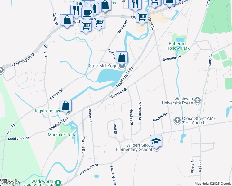 map of restaurants, bars, coffee shops, grocery stores, and more near 575 Butternut Street in Middletown